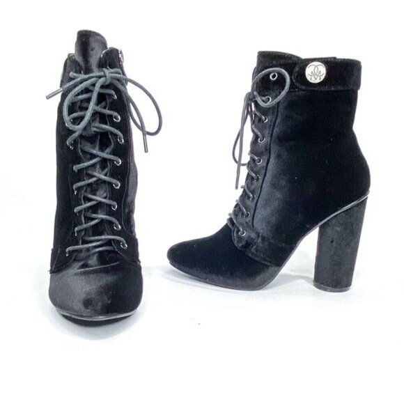 CATHERINE MALANDRINO Velvet Lace-Up Black Ankle Boots 8 - Picture 1 of 11